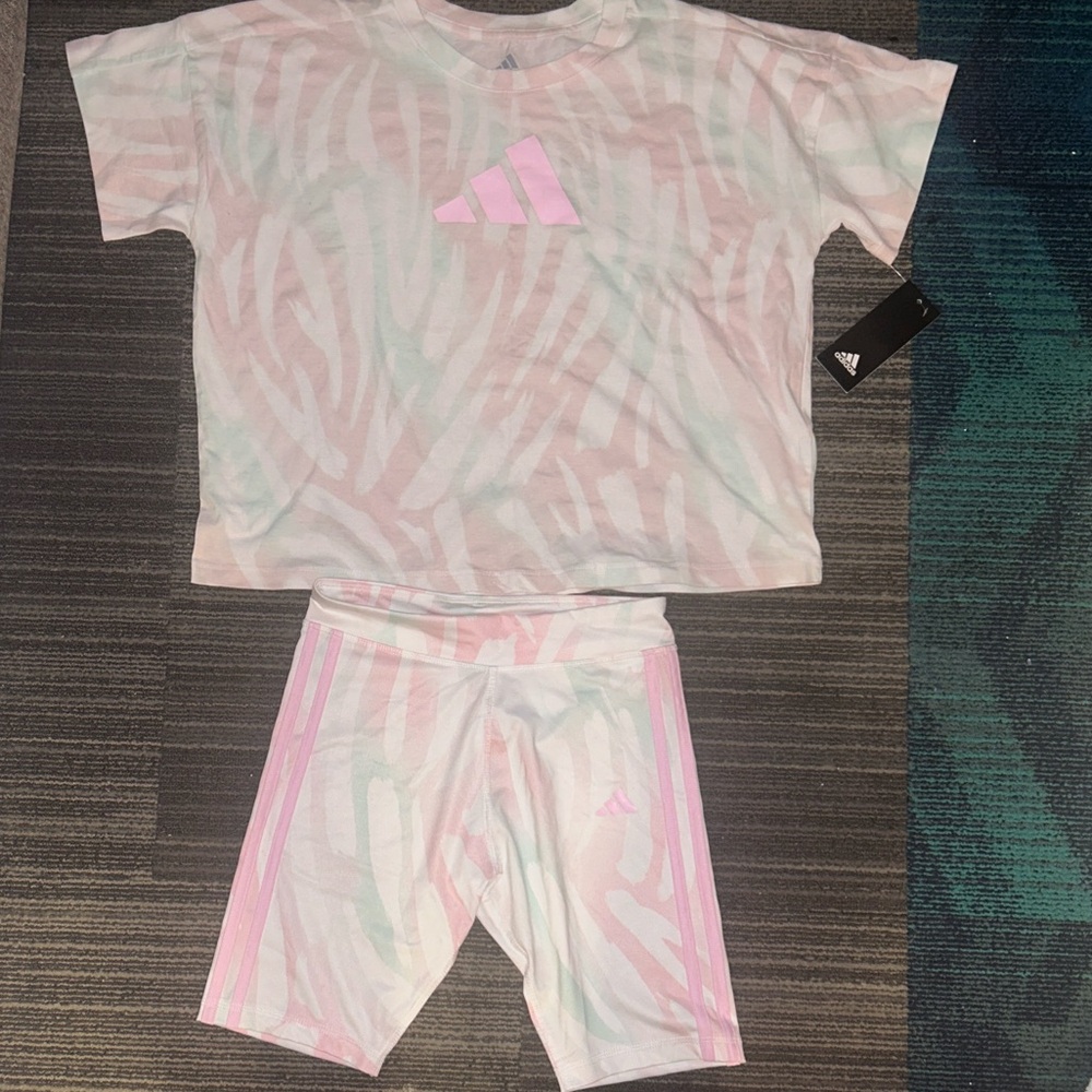 Adidas Kids Shirt & Bike Shorts Set - Soft Pink and Mint Tye Dye